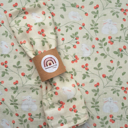 Strawberry and Rabbits Muslin Square by Doreen & Ada