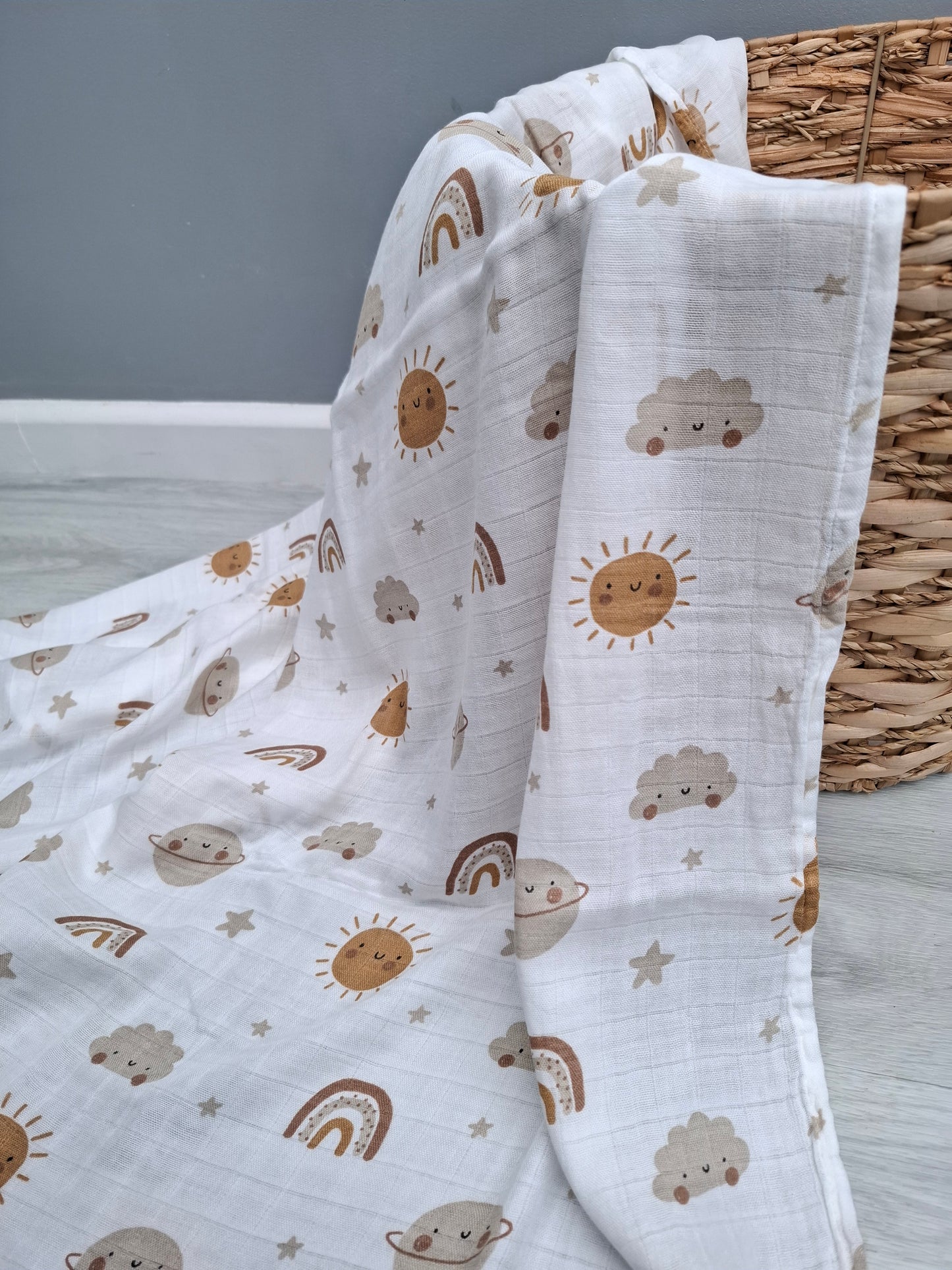 Sun, Planets and Rainbow Muslin Swaddle by Doreen and Ada