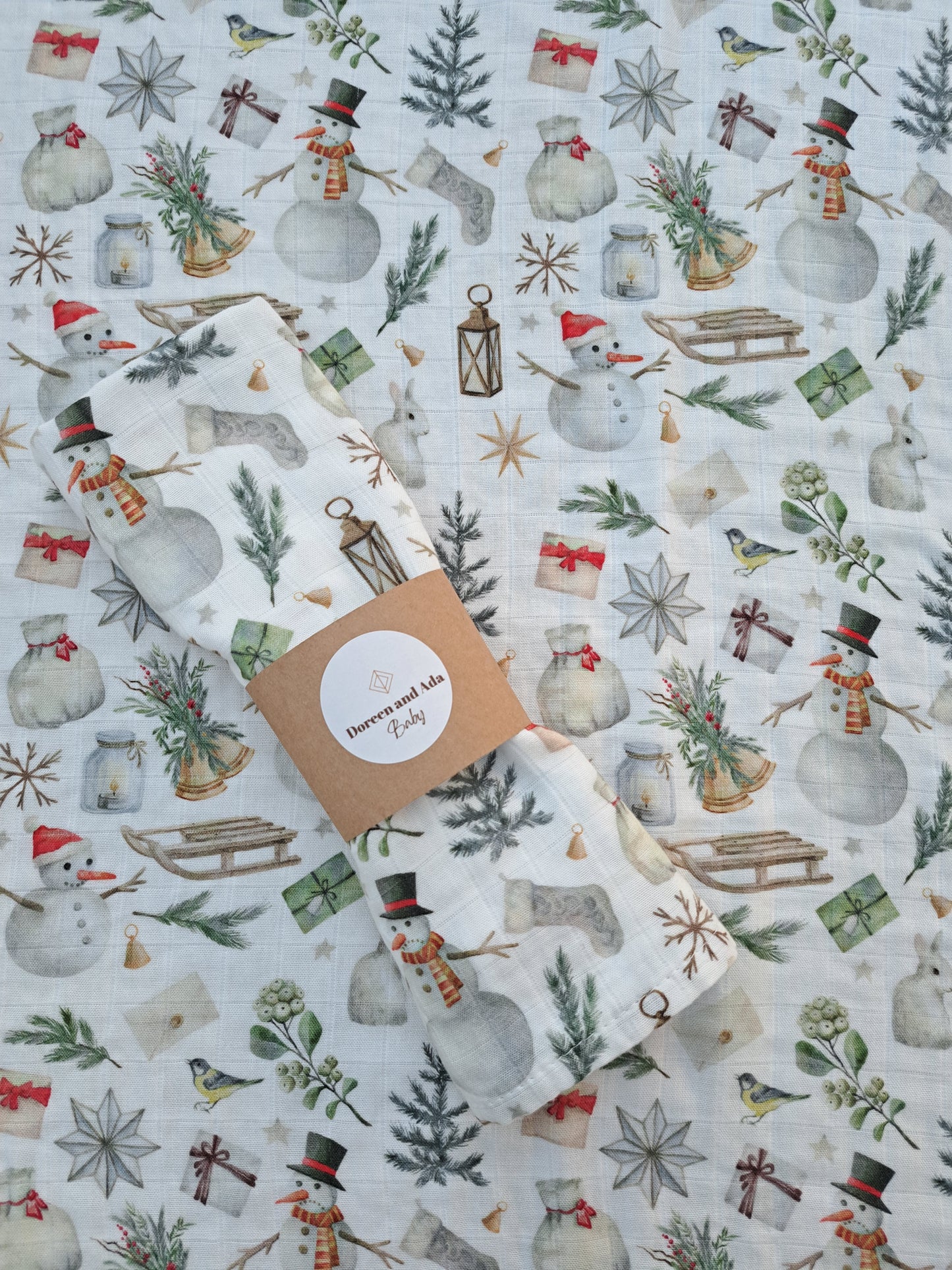 Christmas Snowman and Presents Muslin Square