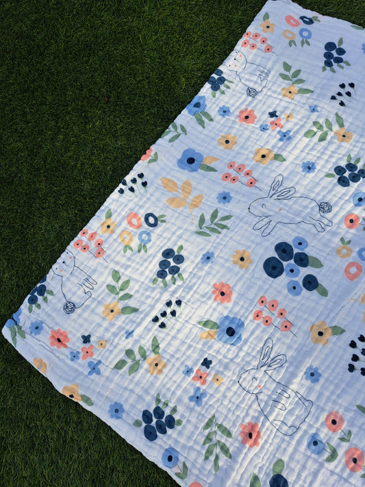 Rabbit Floral 4 Layer Muslin Pram Blanket