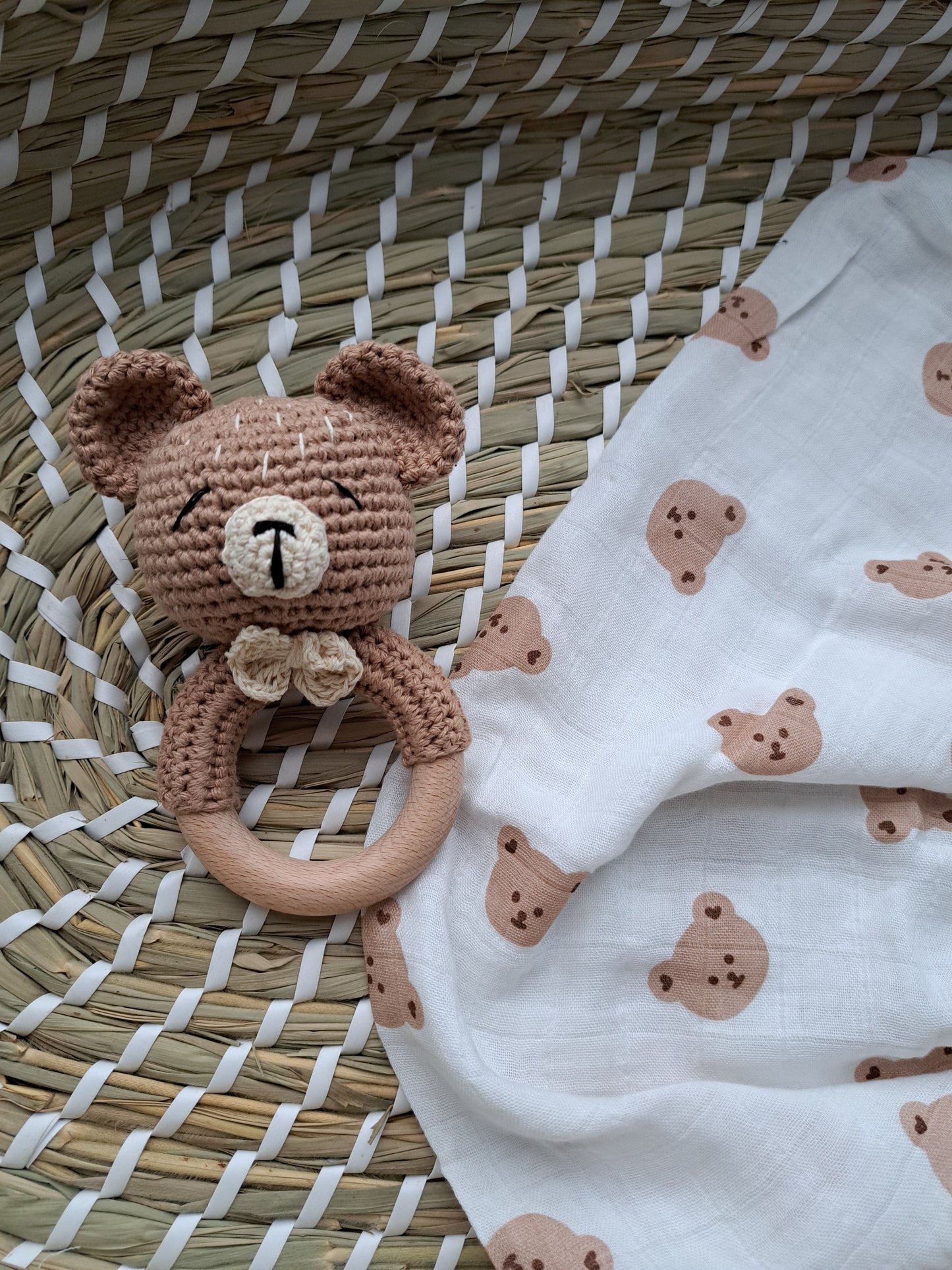 Teddy Bear Teether Rattle and Muslin Gift Set