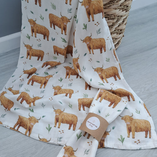 Highland Cow Muslin Square or Swaddle by Doreen & Ada
