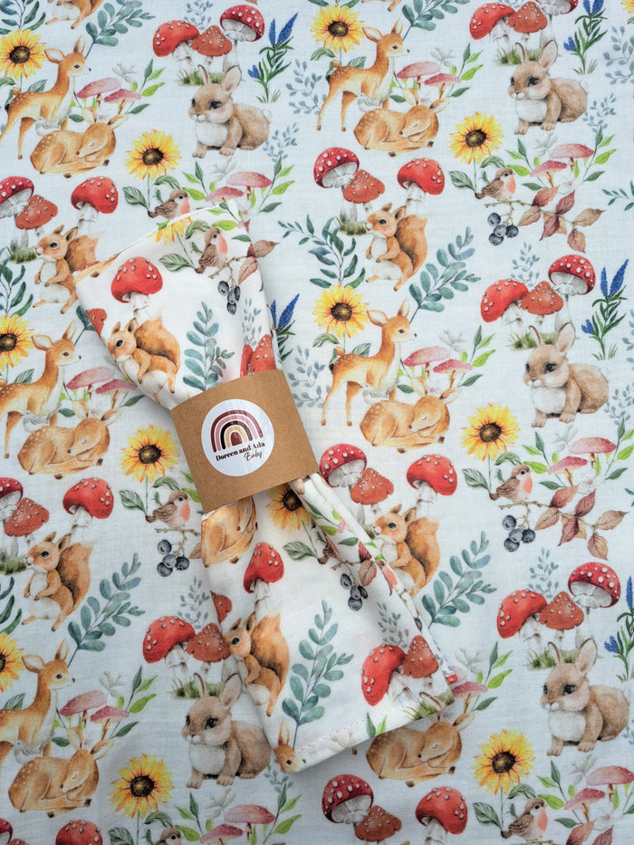 Woodland animals and floral print organic cotton muslin square