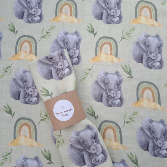 Mummy and Baby Elephant Rainbow Muslin Square by Doreen & Ada
