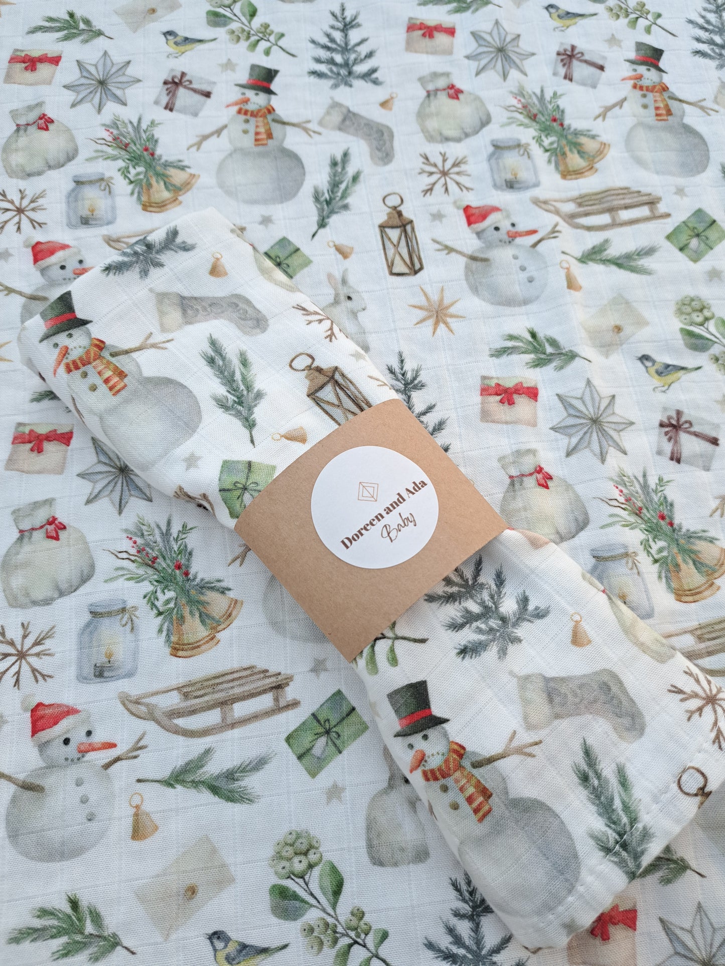 Christmas Snowman and Presents Muslin Square