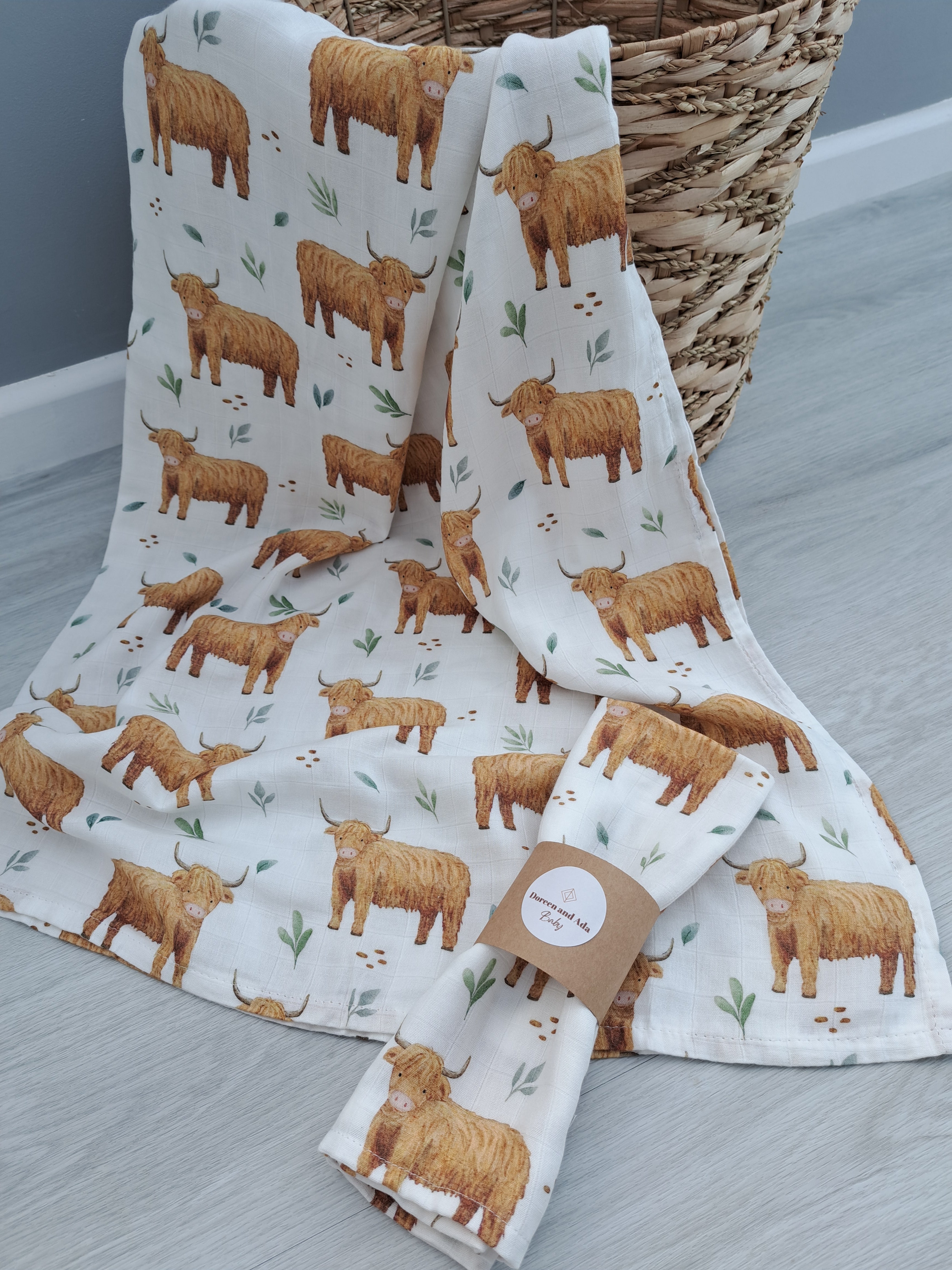 Highland cow print organic cotton muslin swaddle Scottish theme