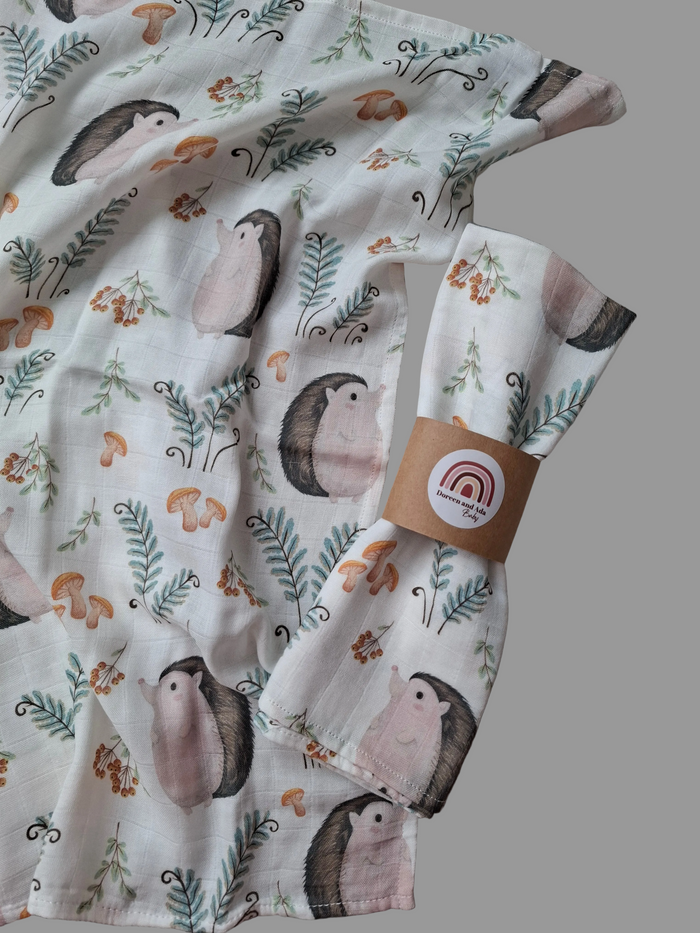 Little Hedgehog Muslin Square – soft cotton baby muslin with hedgehog, fern and mushroom woodland print, 60x60cm