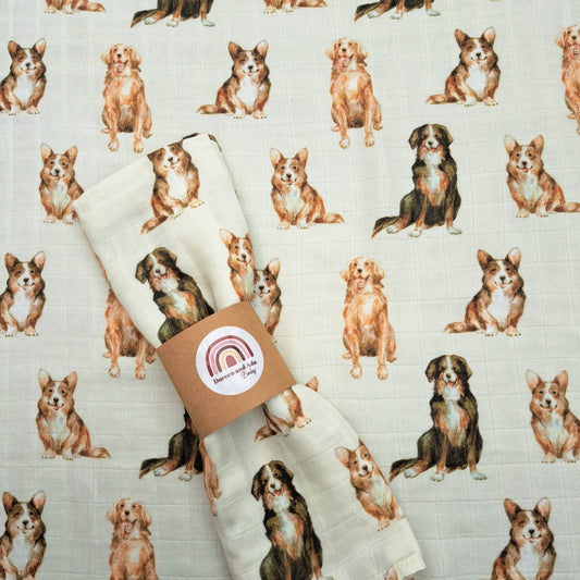 Retriever and Corgi Dog Muslin Square by Doreen & Ada