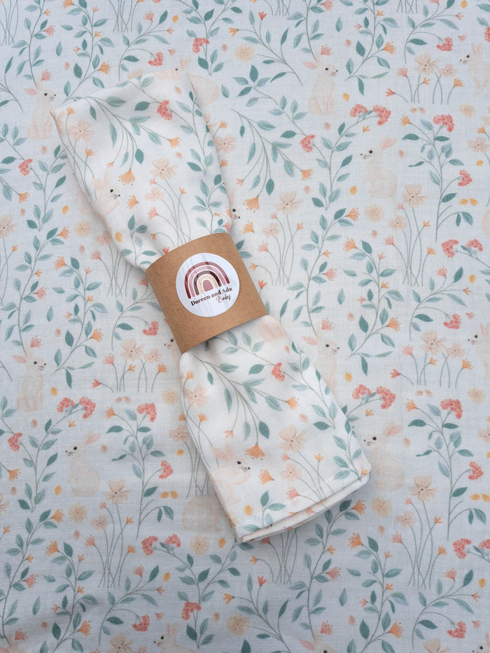 Floral rabbit print organic cotton muslin square with bunny and flowers design for babies