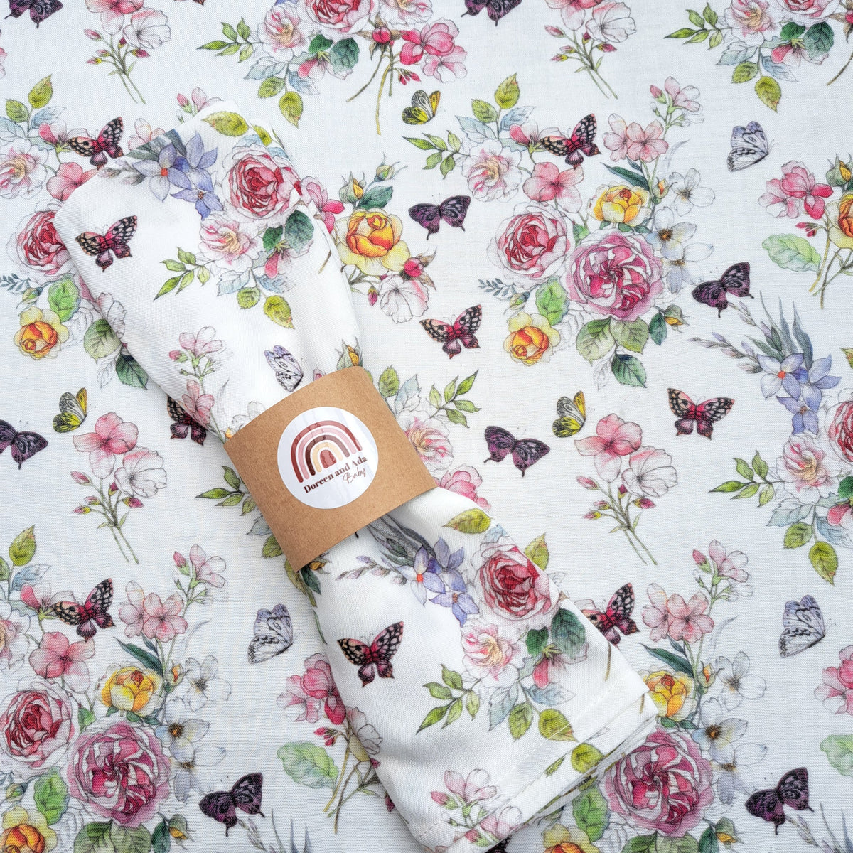Butterfly and Flowers Muslin Square by Doreen & Ada