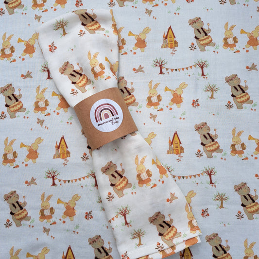 Musical Bears and Rabbits Muslin Square by Doreen & Ada