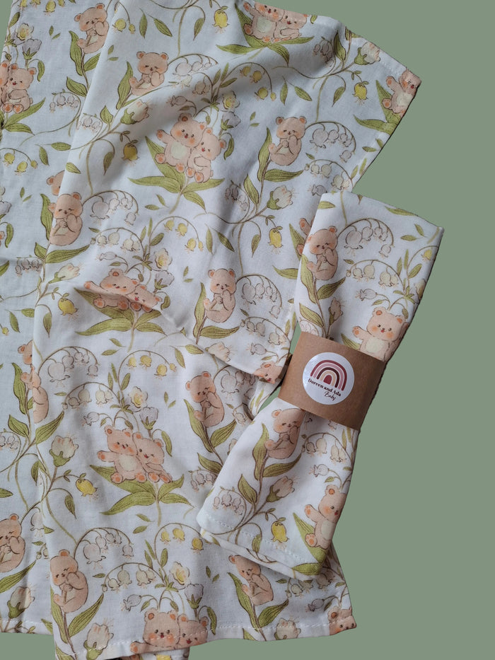 Blossom Bear Muslin Square – soft cotton baby muslin with teddy bear and lily of the valley print, 60x60cm