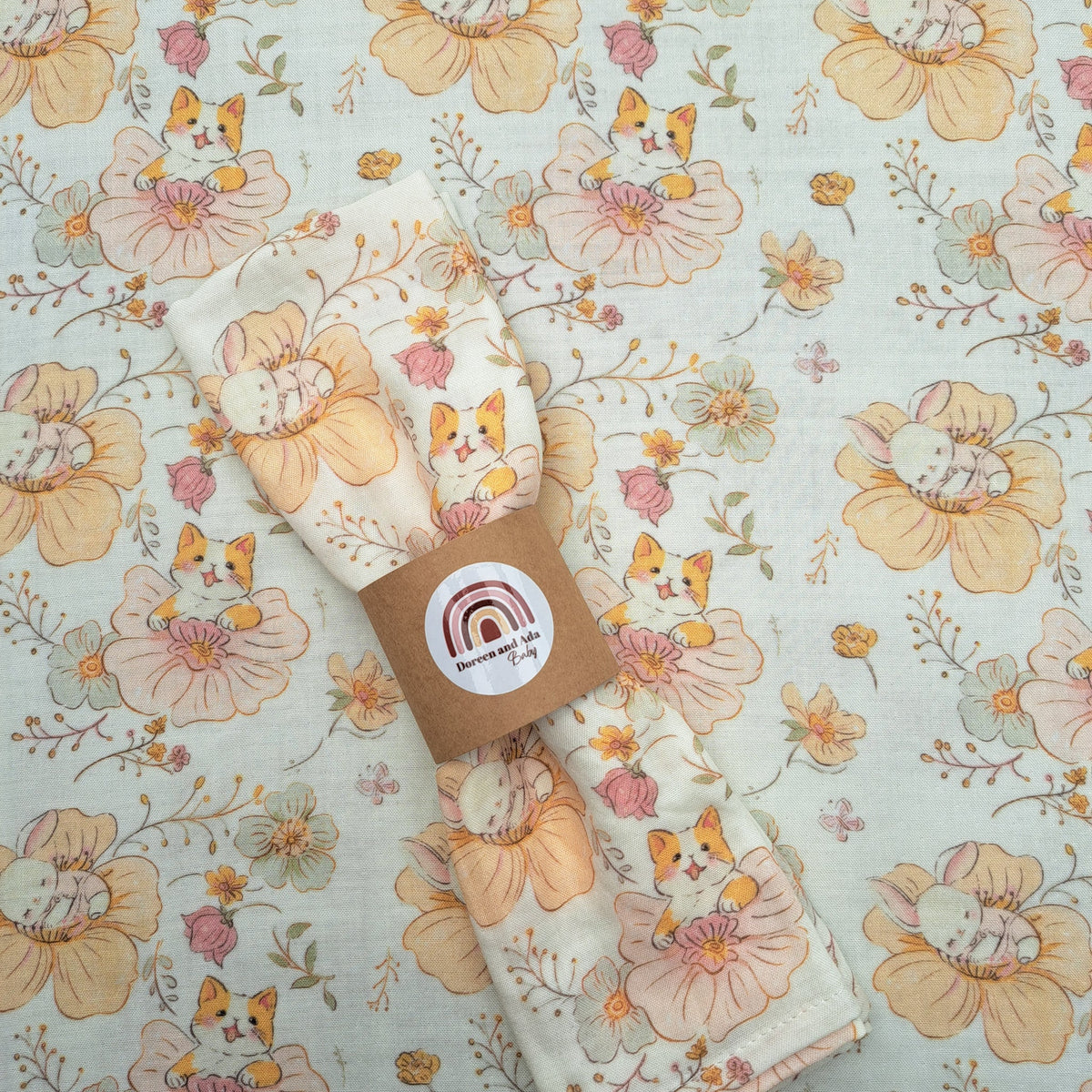Cats and Rabbits Floral Muslin Square by Doreen & Ada