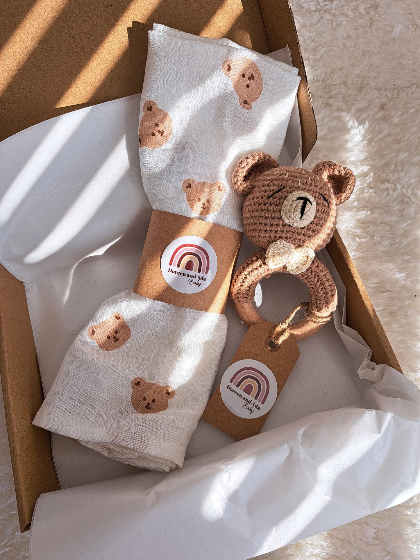 Teddy Bear Teether Rattle and Muslin Gift Set