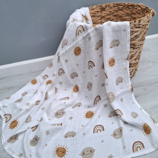 Sun, Planets and Rainbow Muslin Swaddle by Doreen & Ada