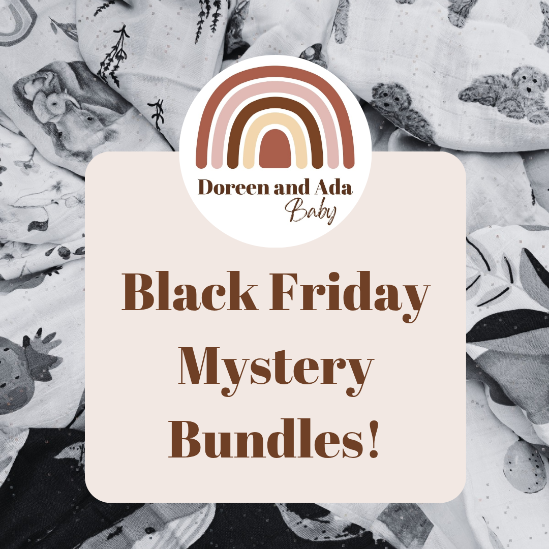 Promotional graphic for Doreen and Ada Baby's Black Friday Mystery Bundles with a rainbow logo.