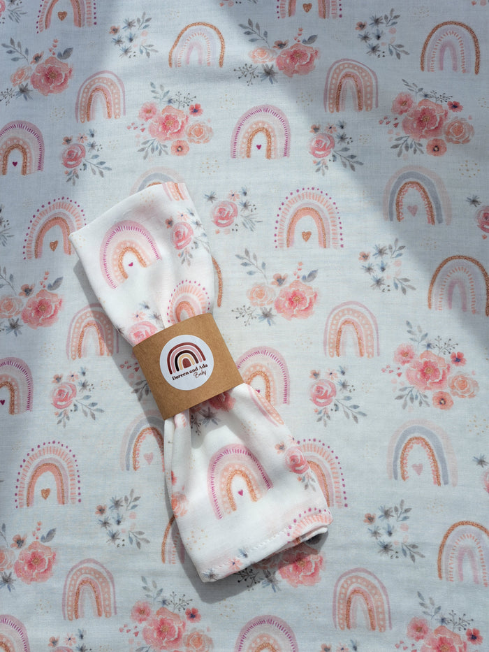 Rainbow and rose flower print organic cotton muslin square