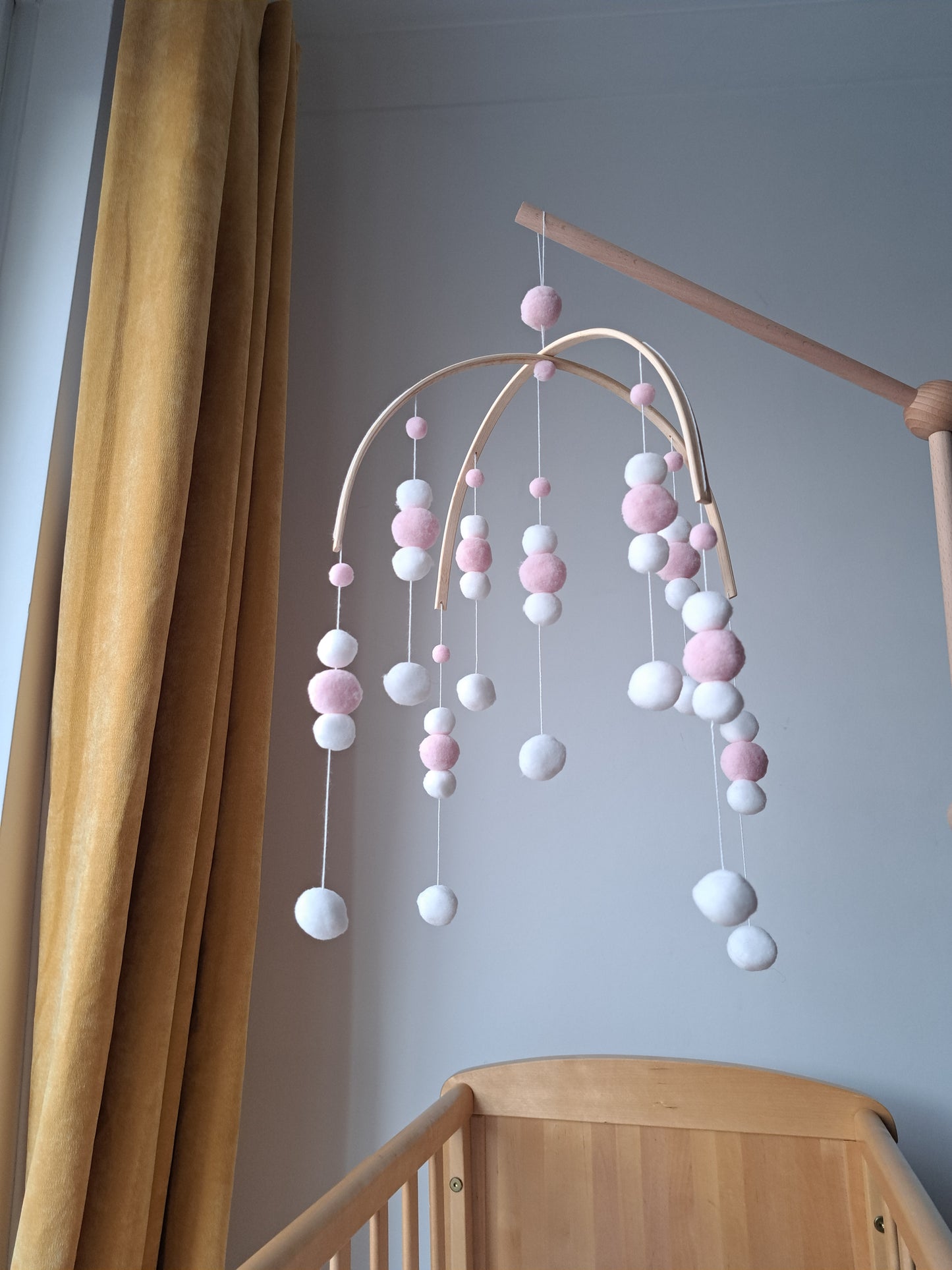 Pink and White Pom Pom Cot Mobile
