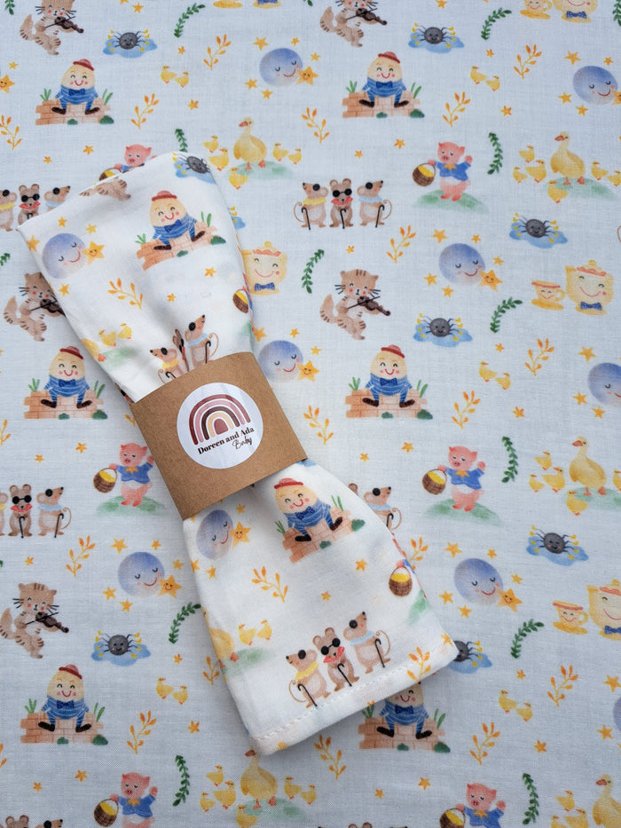 Nursery rhymes Humpty Dumpty print organic cotton muslin square with classic story design