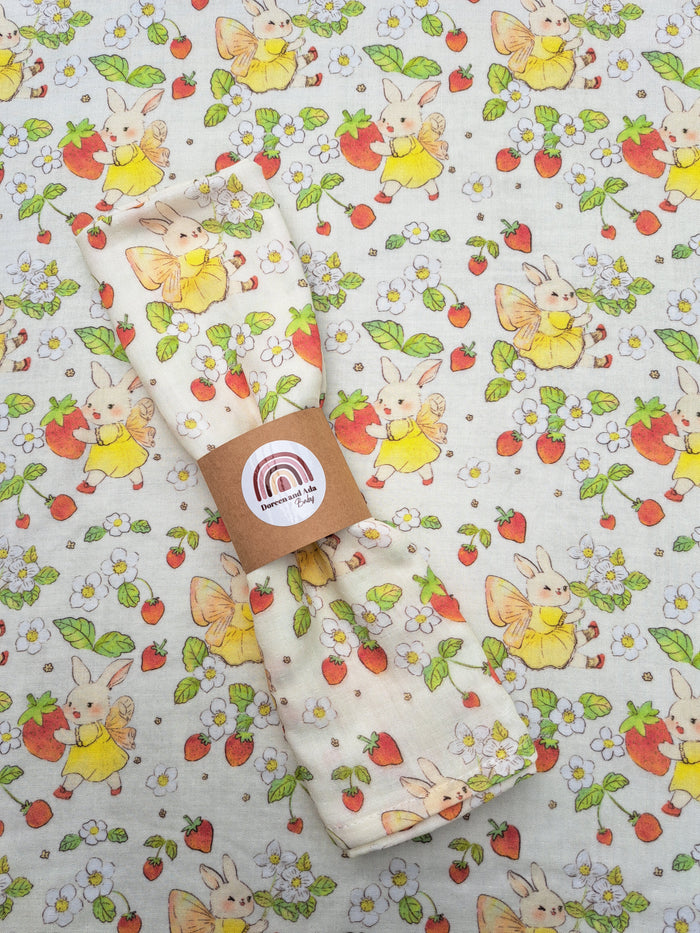 Strawberry bunny rabbit floral print organic cotton muslin square with fruit and flowers design