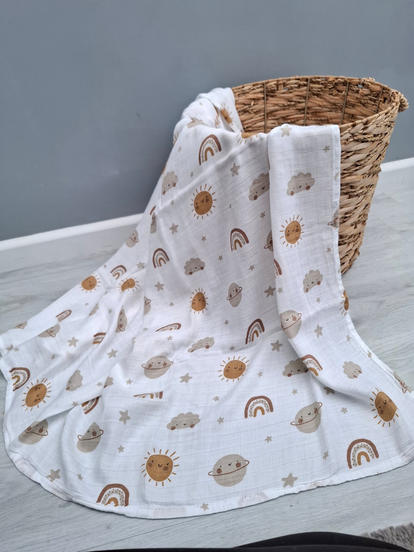 Sun planets and rainbow print organic cotton muslin swaddle 120cm
