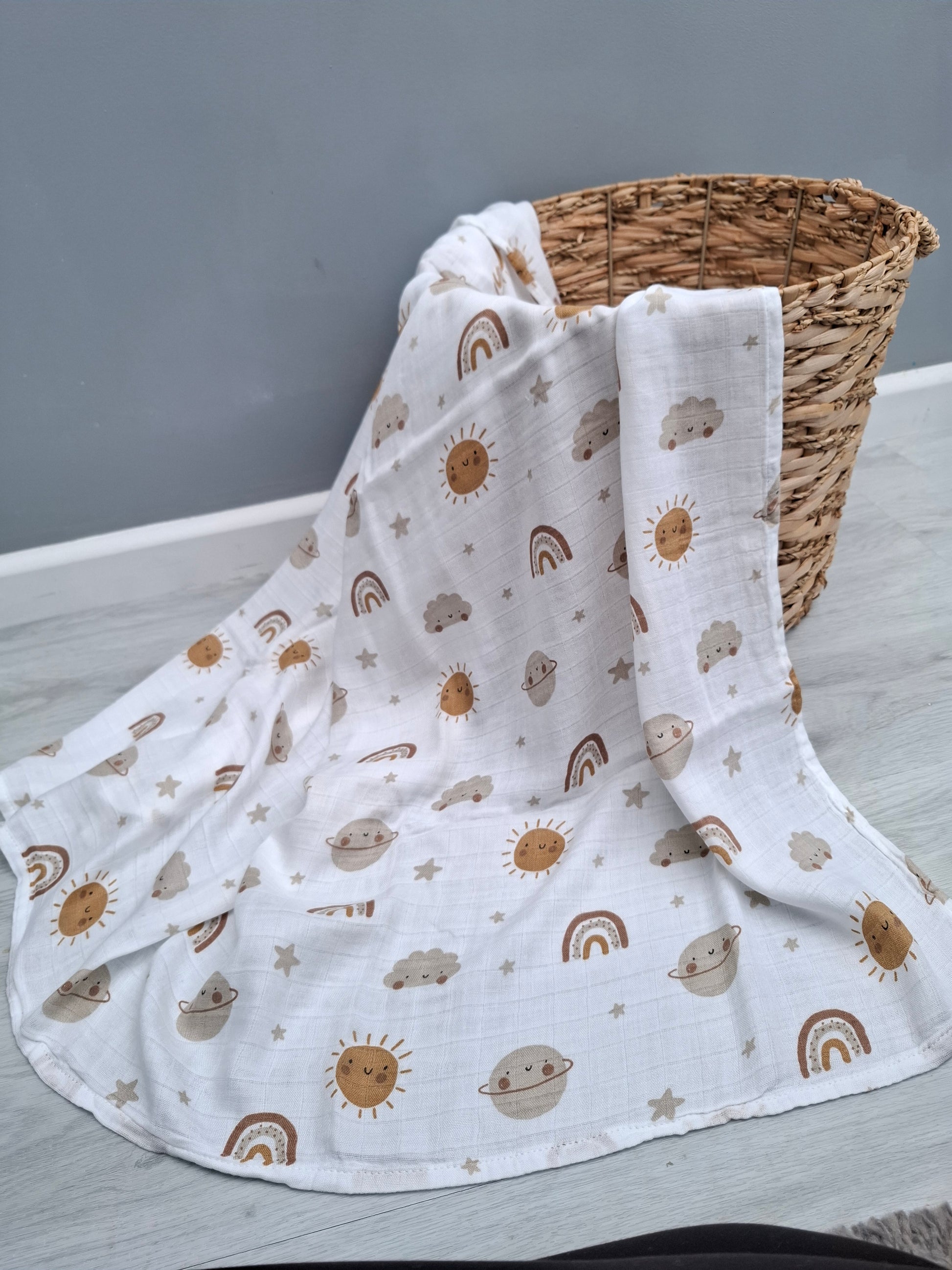 Sun planets and rainbow print organic cotton muslin swaddle 120cm