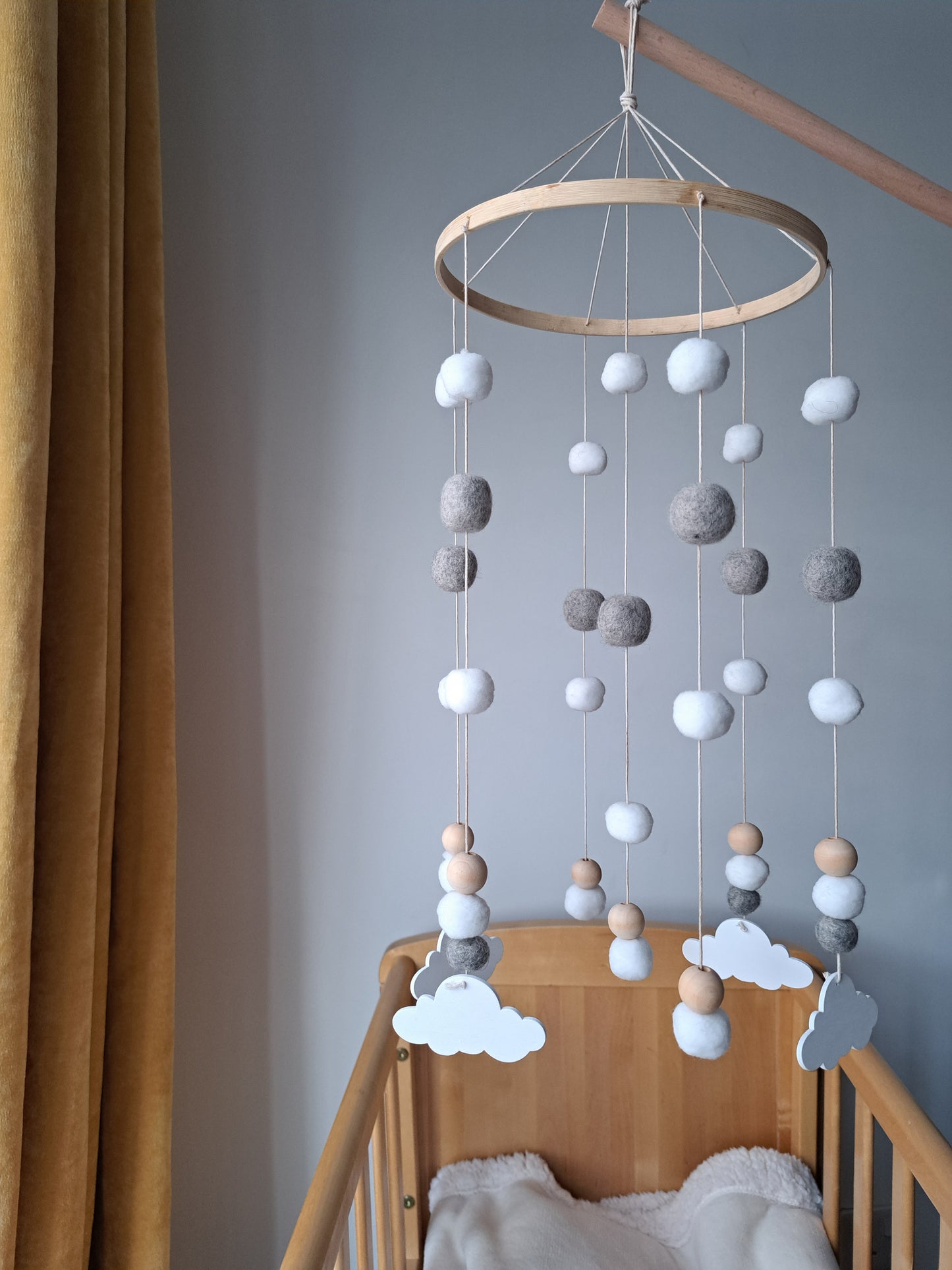 White and Grey Cloud Cot Mobile