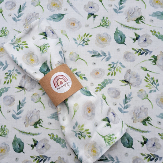 White Rose and Peony Muslin Square by Doreen & Ada