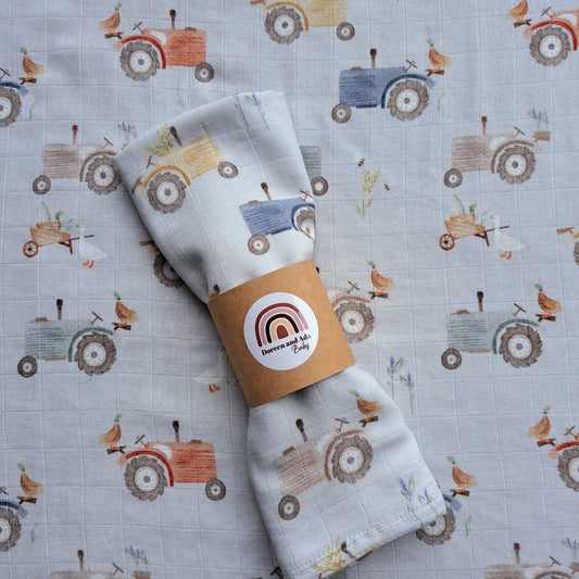 Tractor on the Farm Muslin Square by Doreen & Ada