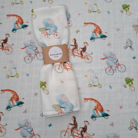 Animals on Bikes Muslin Square by Doreen & Ada