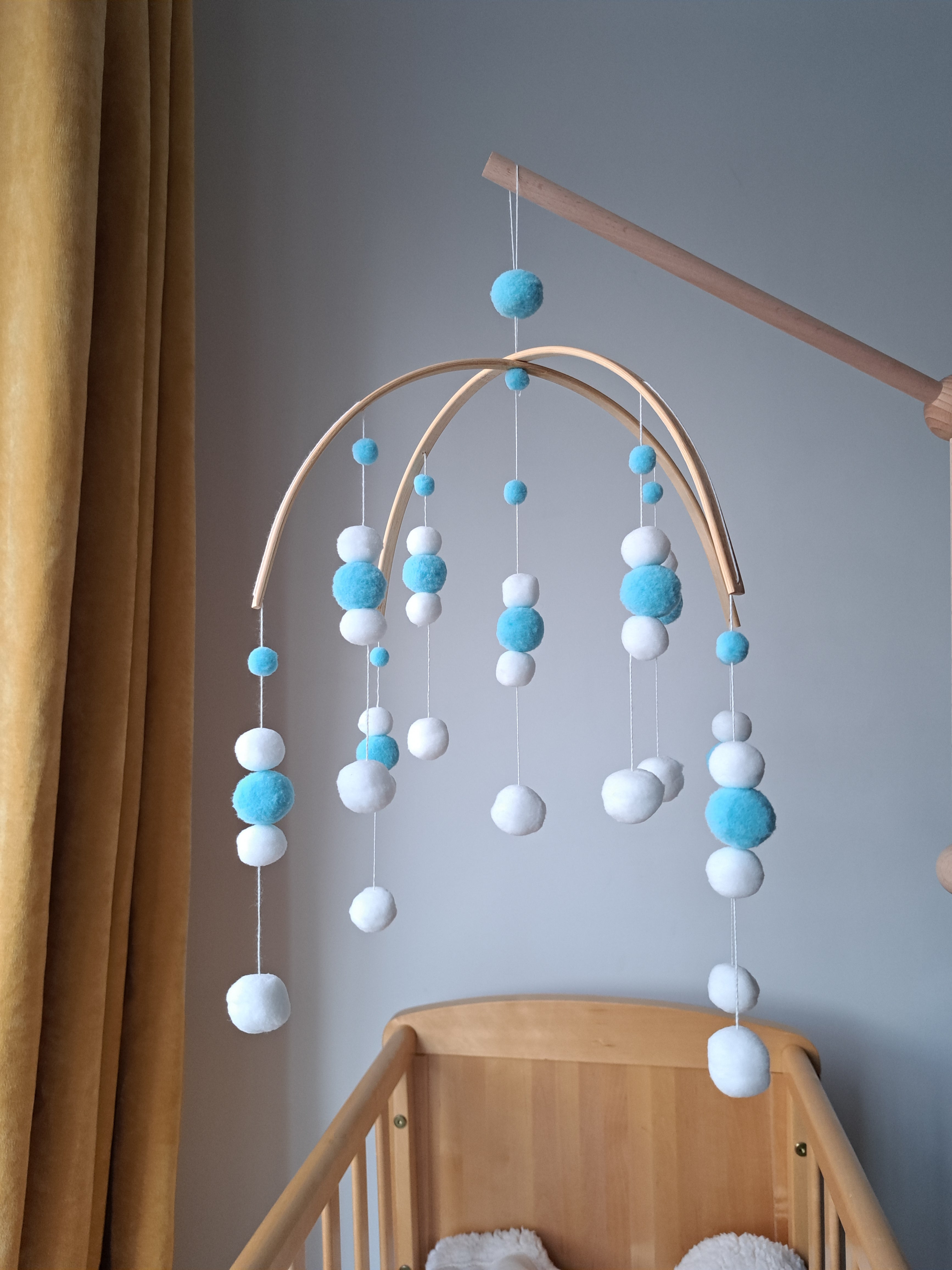 Blue and White Pom Pom Cot Mobile