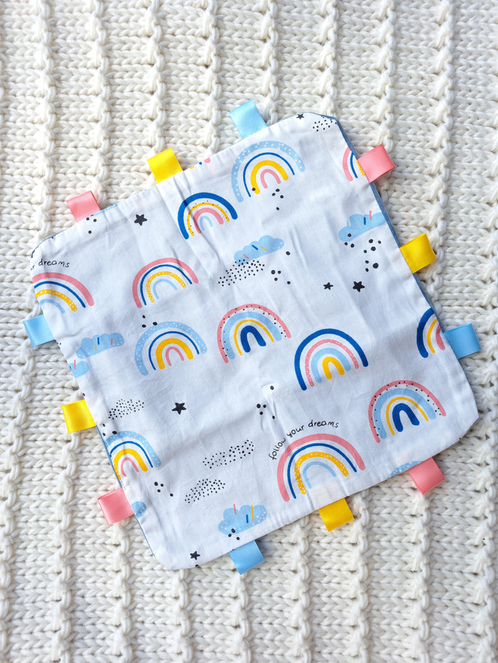 Rainbow tag comforter baby security blanket with textured sensory tags