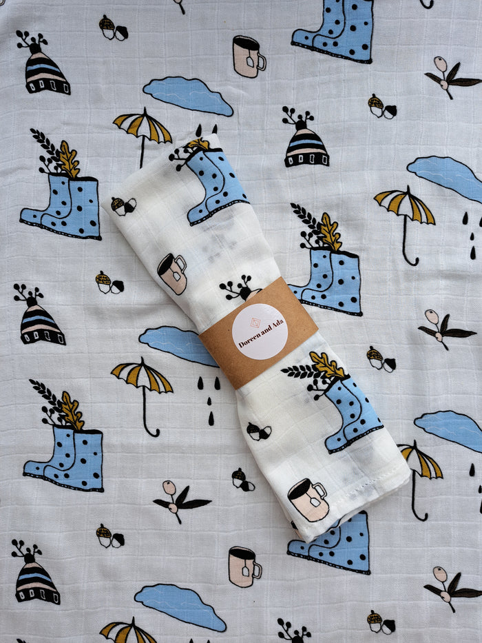 Autumn wellington boots print organic cotton muslin square with fall leaves design
