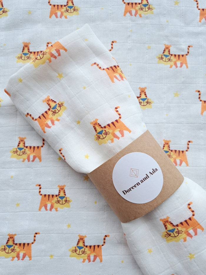 Orange tiger print organic cotton muslin square