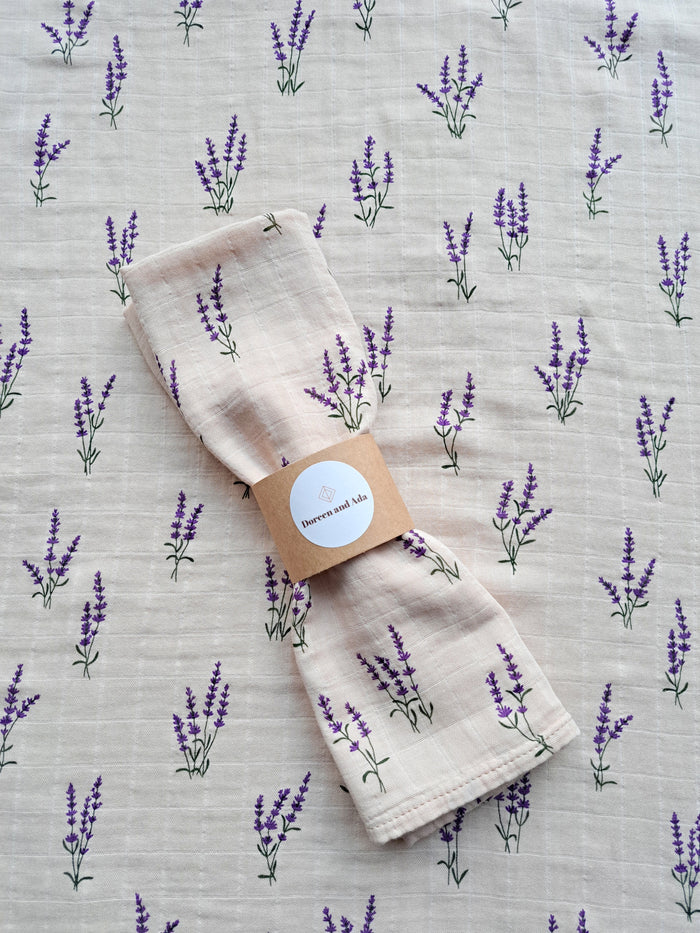Lavender sprig print organic cotton muslin square with purple herb flower design