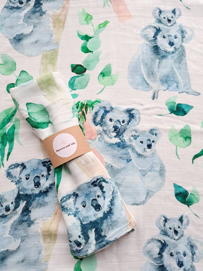 Koala and eucalyptus leaf print organic cotton muslin square
