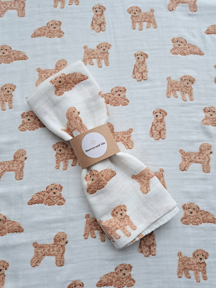 Cockerpoo cavapoo dog print organic cotton muslin square