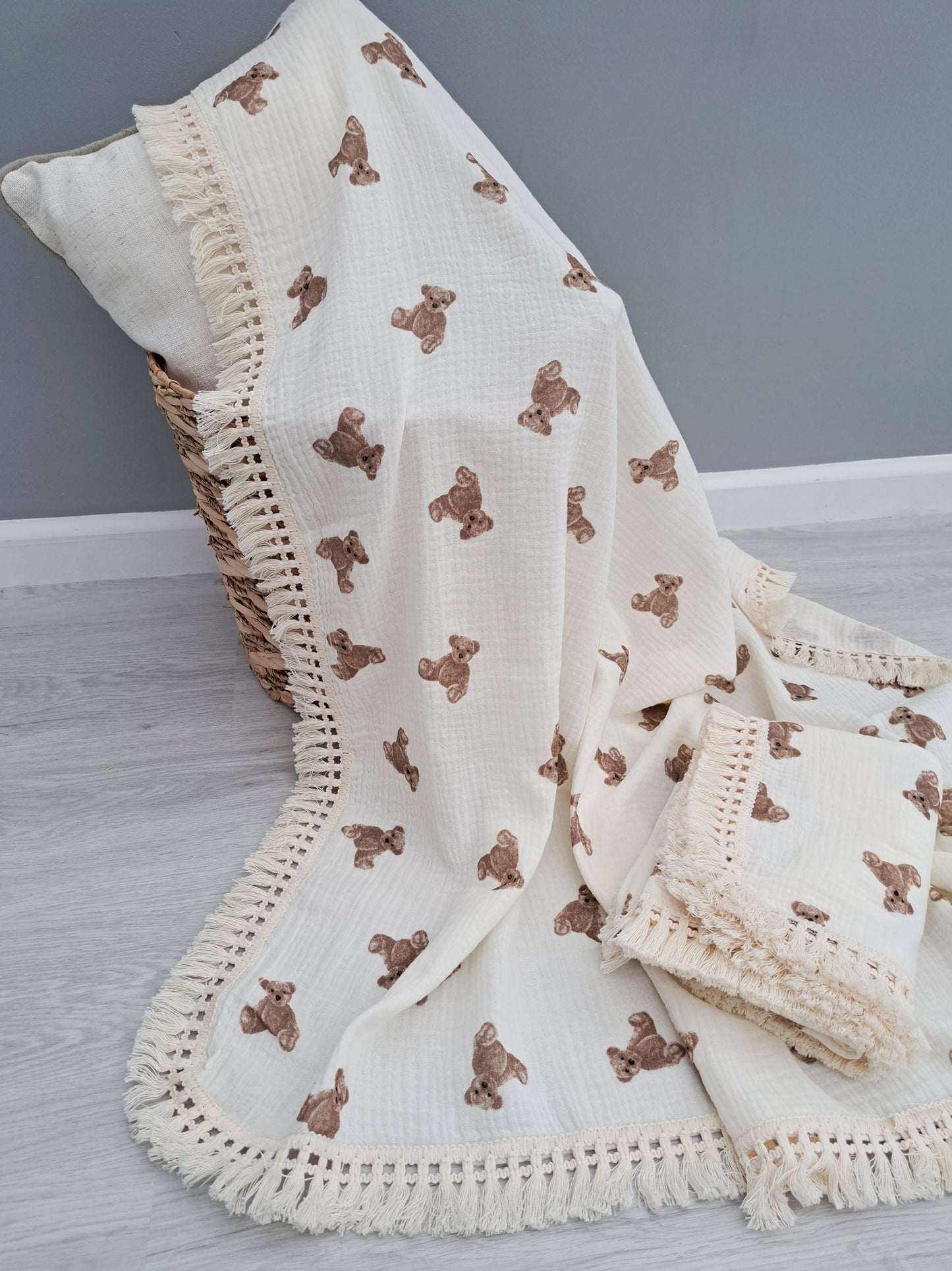 Teddy Bear Tassle Pram Blanket