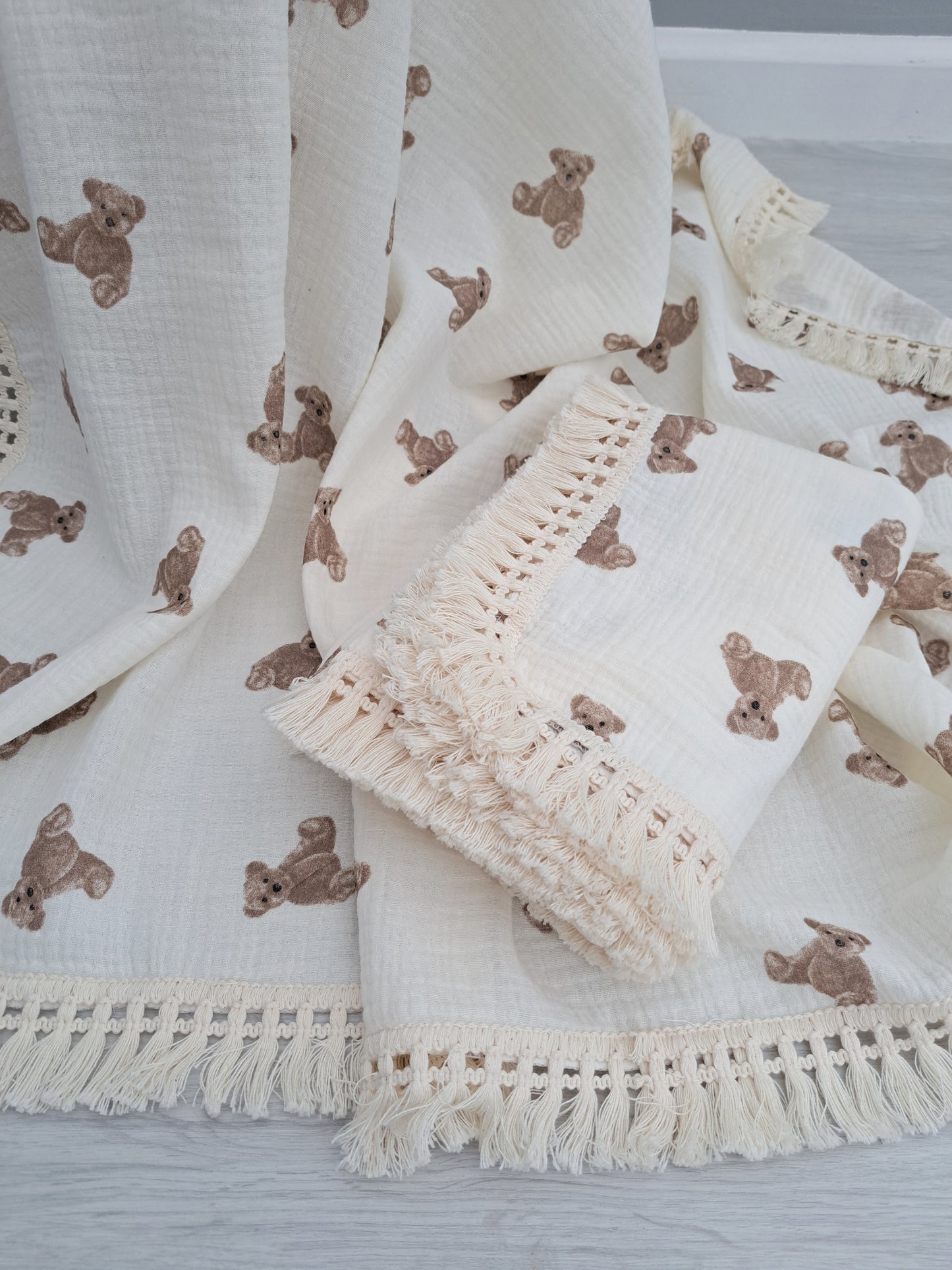 Teddy Bear Tassle Pram Blanket