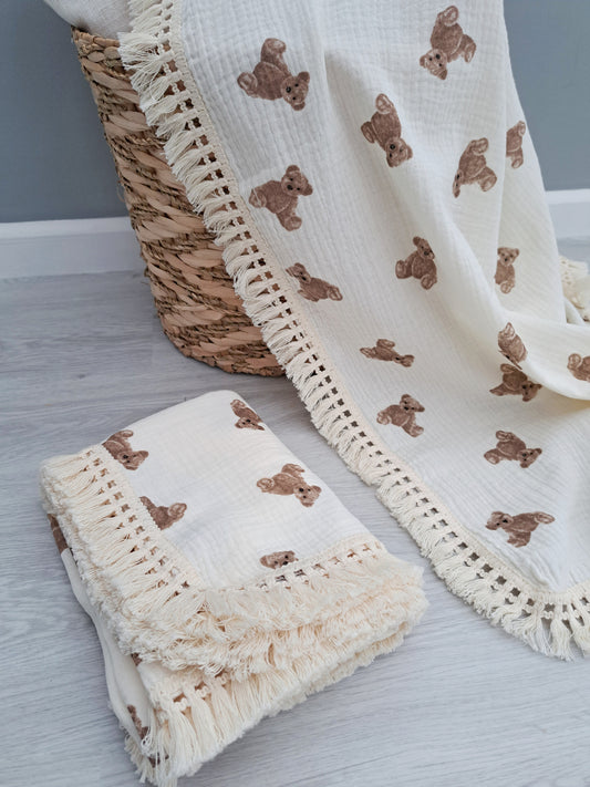 Teddy Bear Tassle Pram Blanket