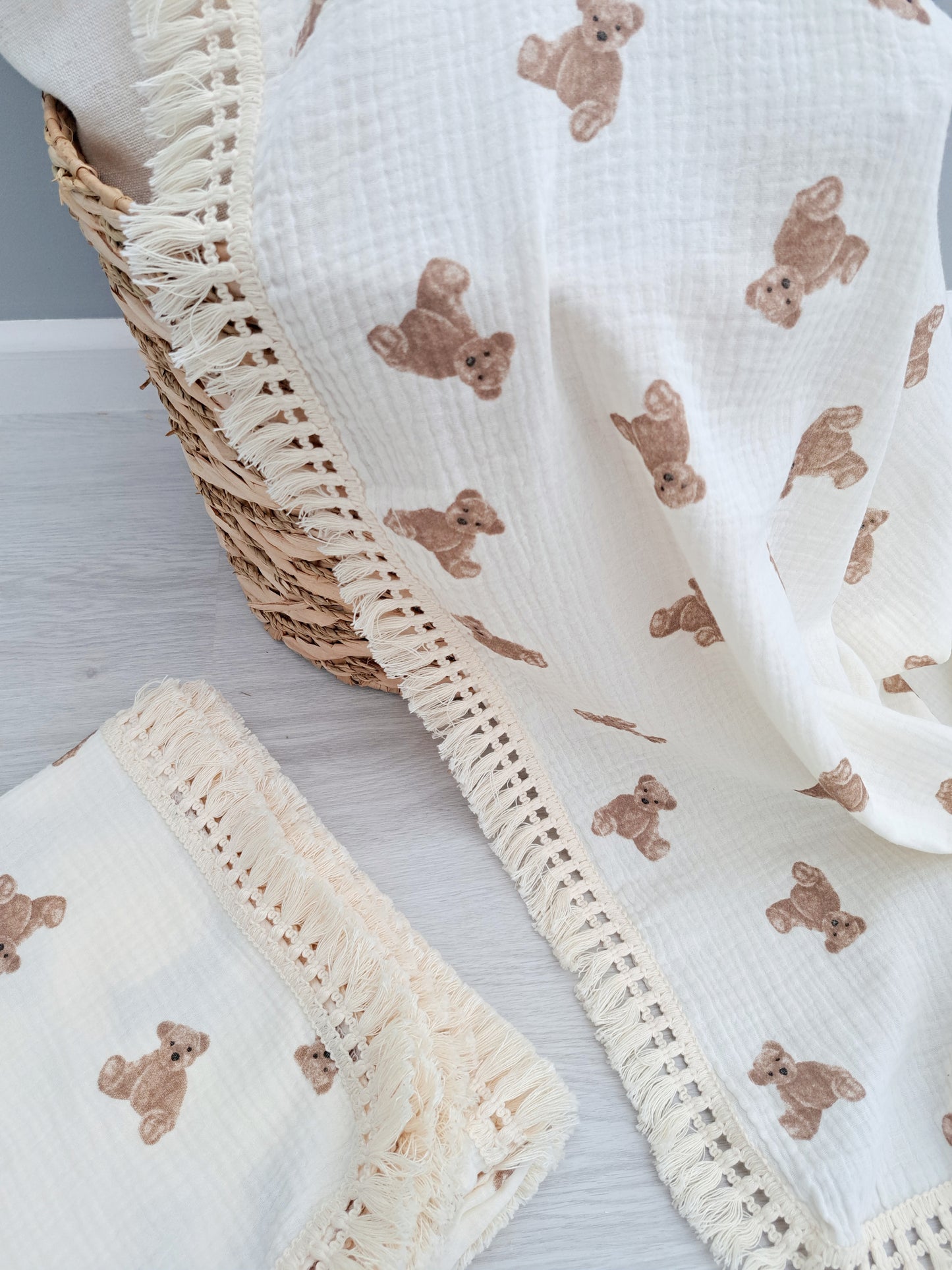 Teddy Bear Tassle Pram Blanket