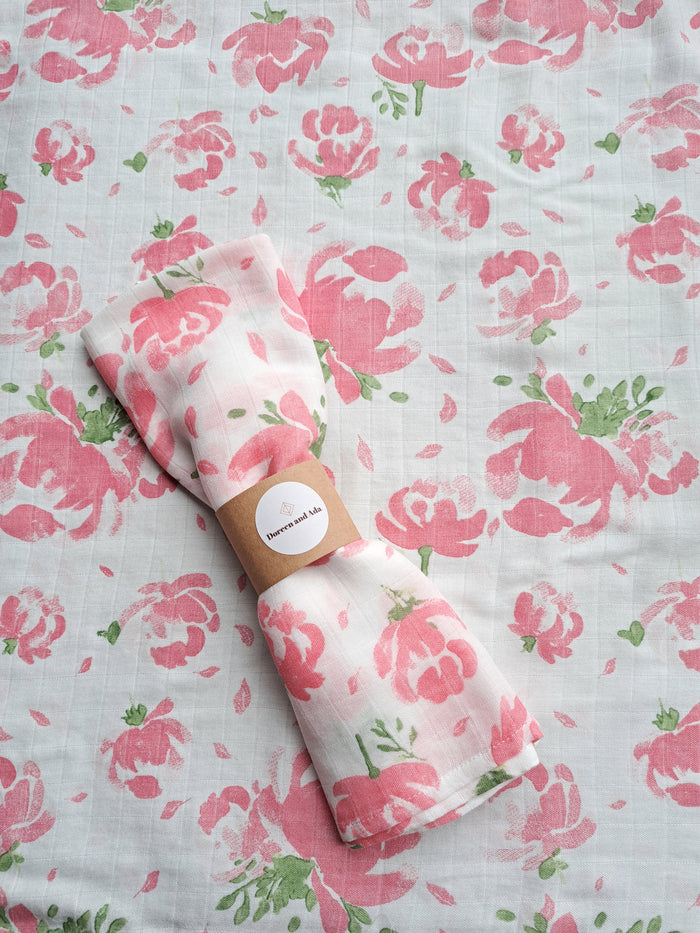 Rose and peony pink floral print organic cotton muslin square with romantic flower design