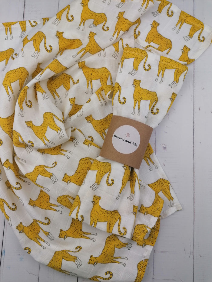 Cheetah leopard print organic cotton muslin square with spotted wild cat design