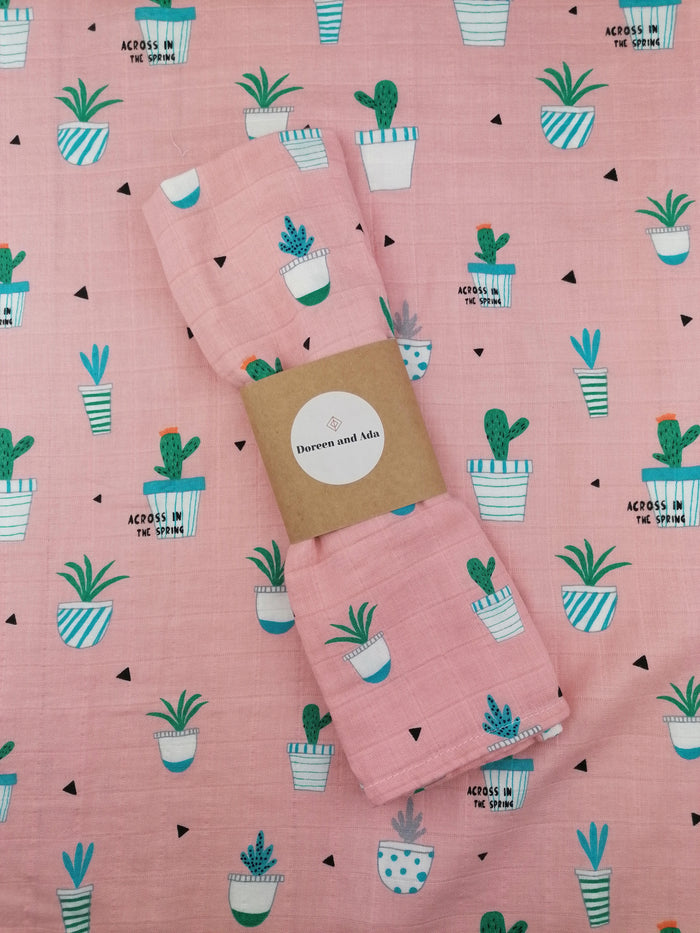 Cactus and succulent plant print organic cotton muslin square with desert botanical design