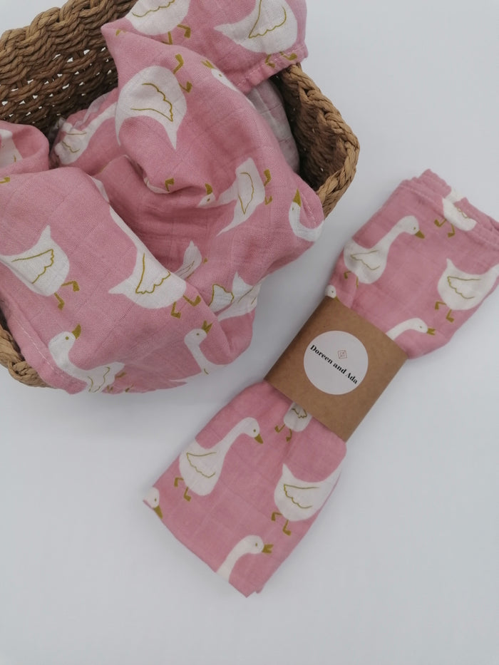 White goose print organic cotton muslin square with farmyard bird design