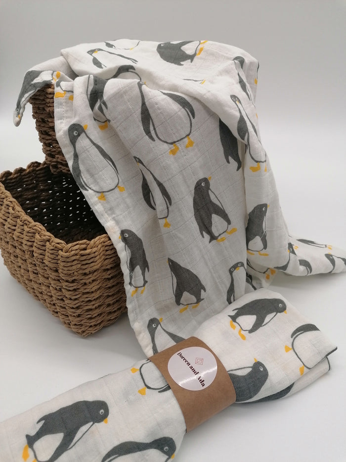 Penguin Muslin Square – soft cotton baby muslin with cute penguin print, 60x60cm, perfect baby shower gift