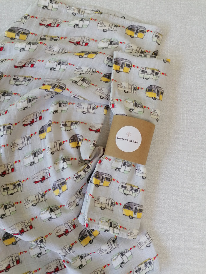 Campervan and caravan print organic cotton muslin square with retro travel design