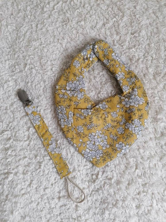 Yellow Floral Baby Bib & Dummy Clip Set