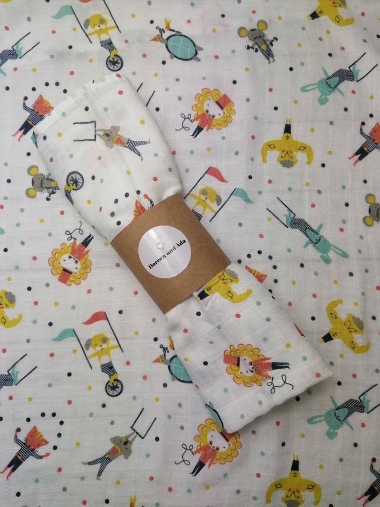 Circus tent and animals print organic cotton muslin square with carnival design