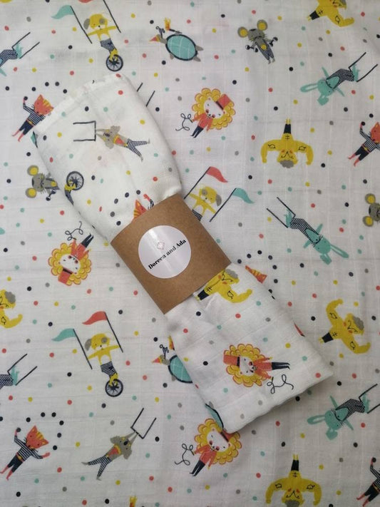 Circus tent and animals print organic cotton muslin square with carnival design